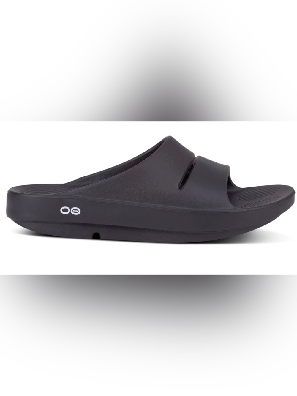 OOFOS woman’s black slides / size 9W &7M
